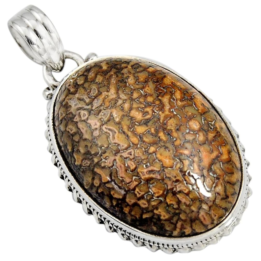 925 silver 28.08cts natural brown dinosaur bone fossilized oval pendant r7963