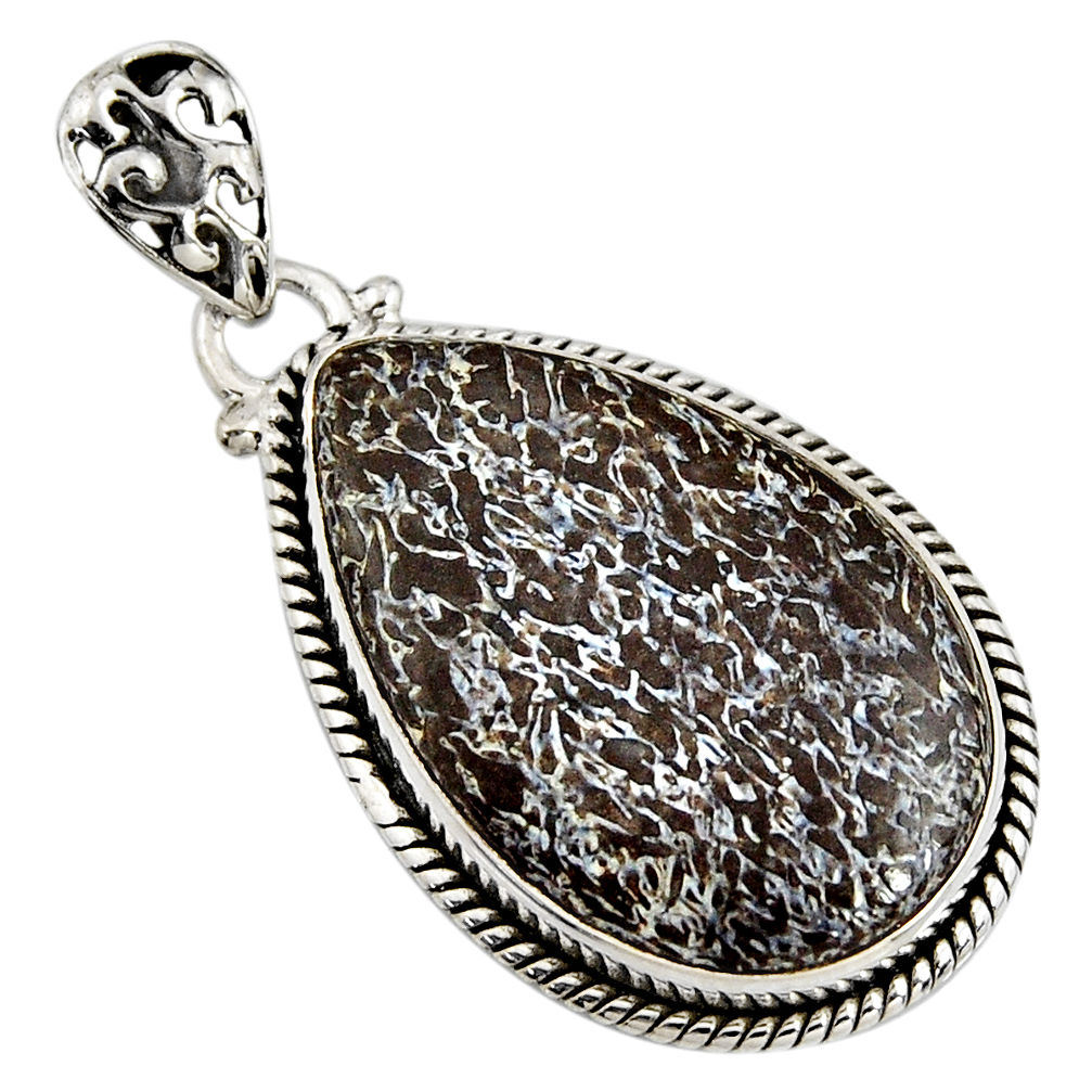 17.22cts natural brown dinosaur bone fossilized pear 925 silver pendant r7969
