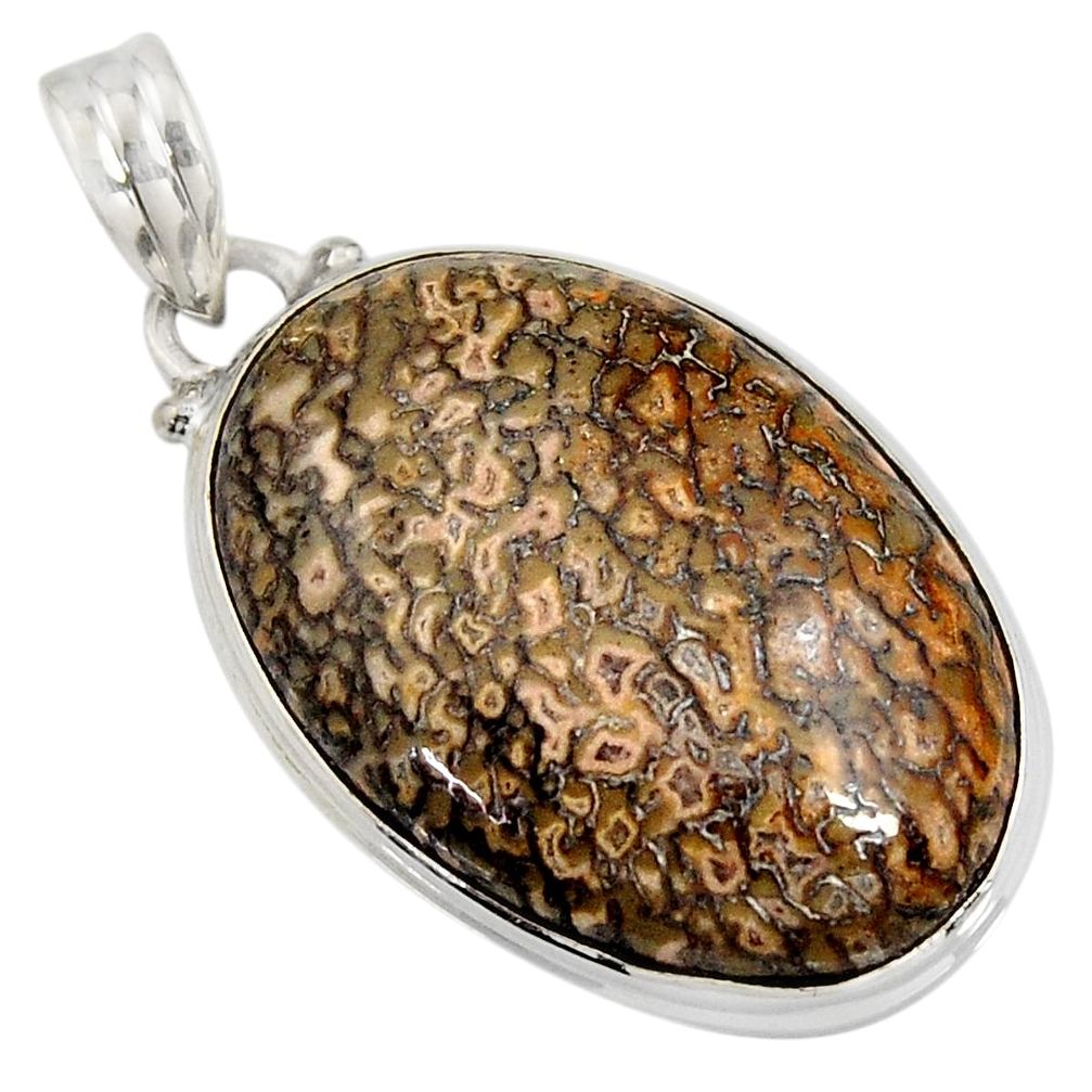 21.42cts natural brown dinosaur bone fossilized oval 925 silver pendant r7970