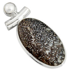 18.70cts natural brown dinosaur bone fossilized pearl 925 silver pendant r7975