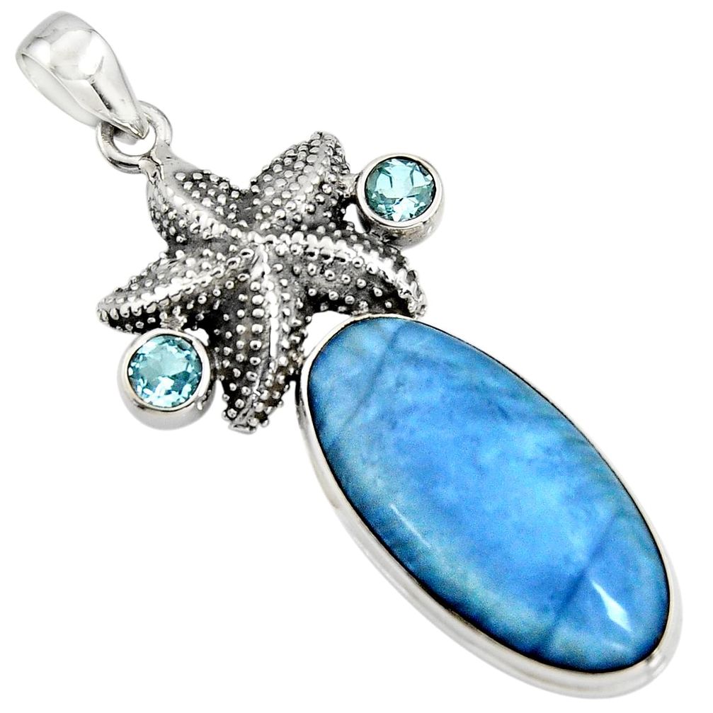 22.73cts natural blue owyhee opal topaz 925 silver star fish pendant r7985