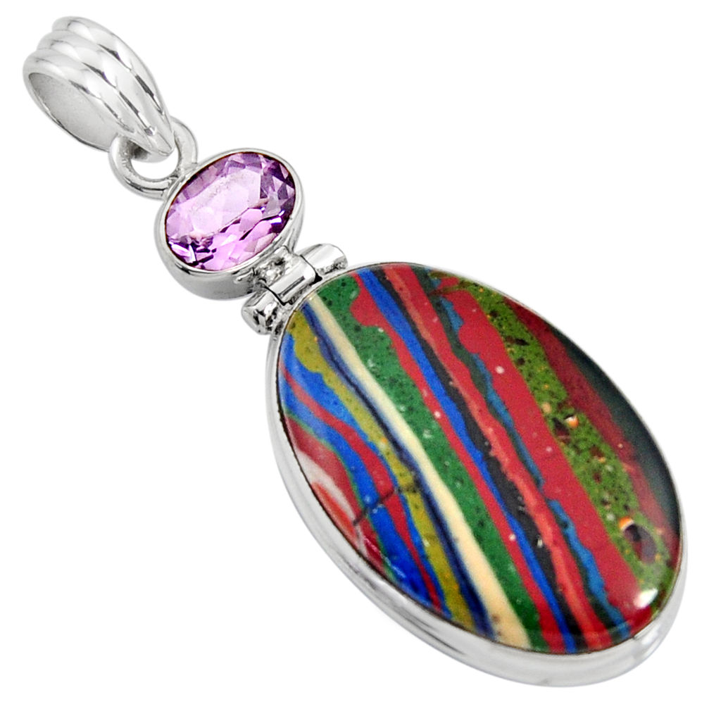 16.20cts natural multi color rainbow calsilica amethyst 925 silver pendant r8019