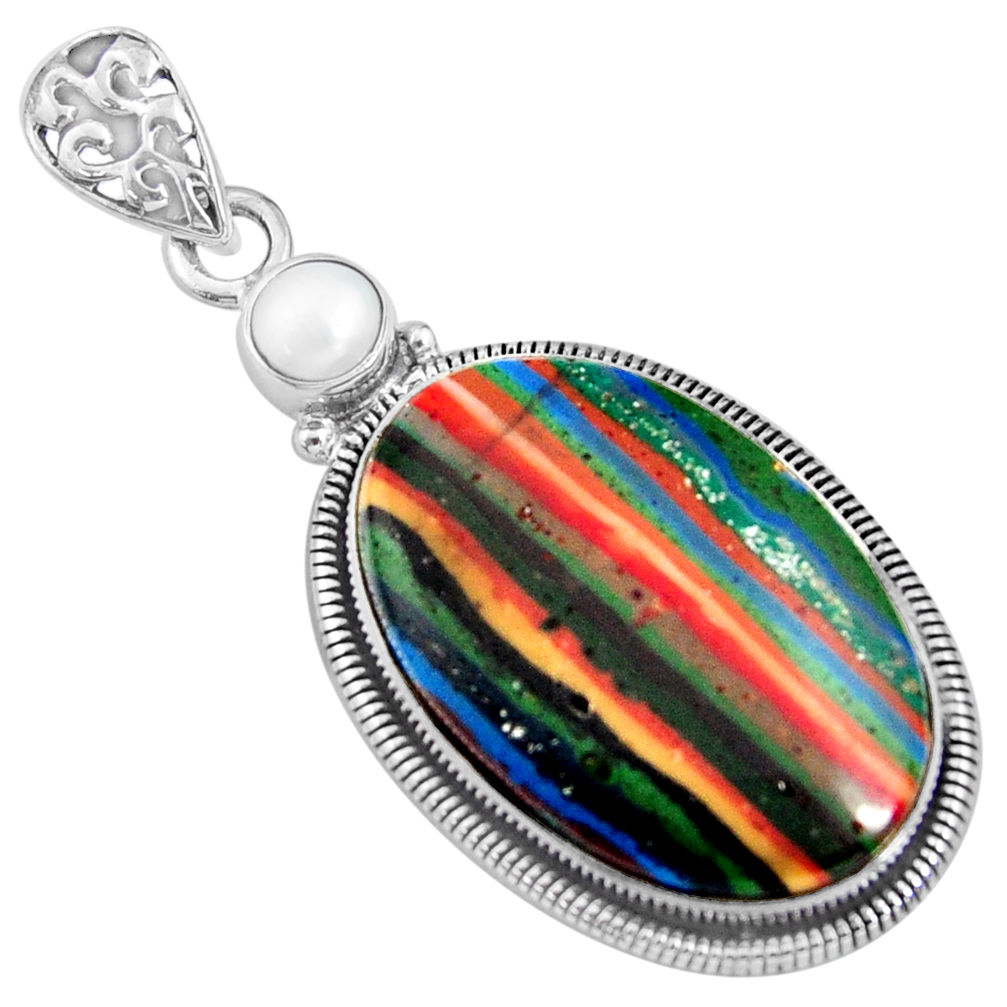 16.73cts natural multi color rainbow calsilica pearl 925 silver pendant r8020