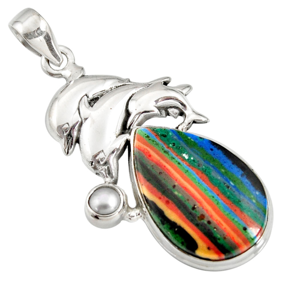 23.07cts natural rainbow calsilica 925 silver dolphin pendant r8021