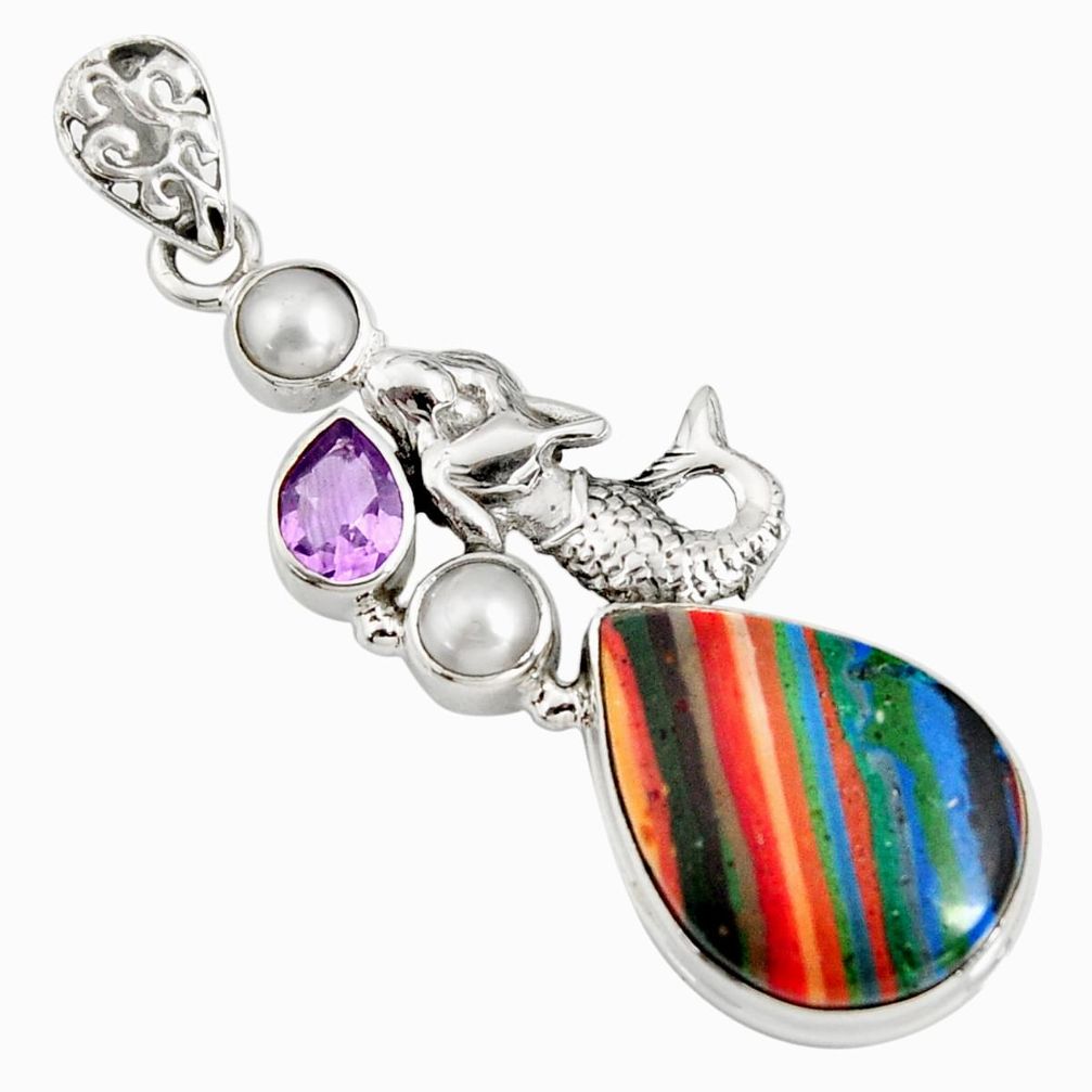 19.23cts natural rainbow calsilica 925 silver fairy mermaid pendant r8022