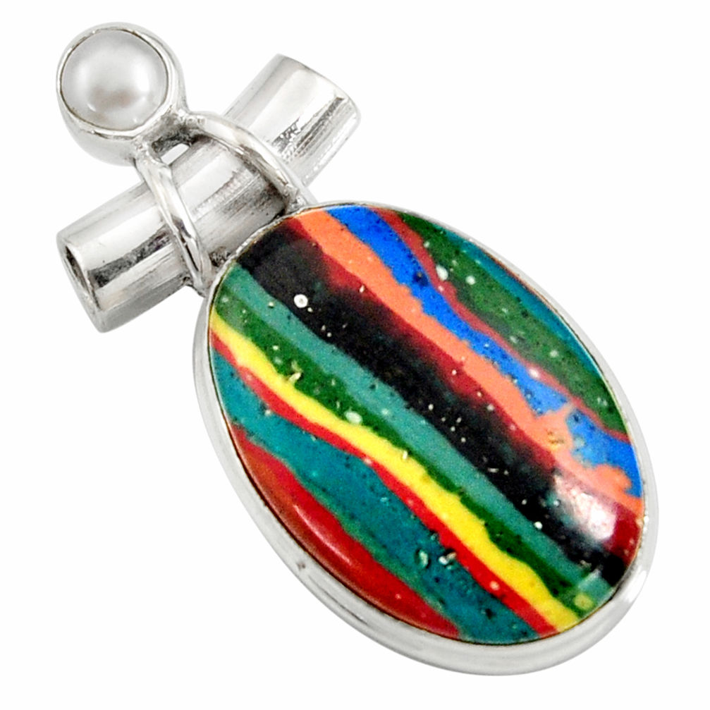 14.68cts natural multi color rainbow calsilica pearl 925 silver pendant r8026