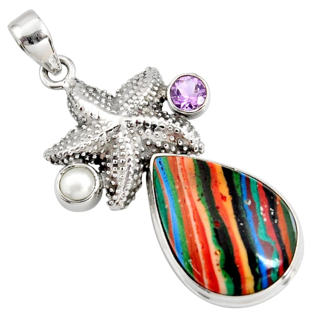 19.27cts natural multi color rainbow calsilica silver star fish pendant r8038