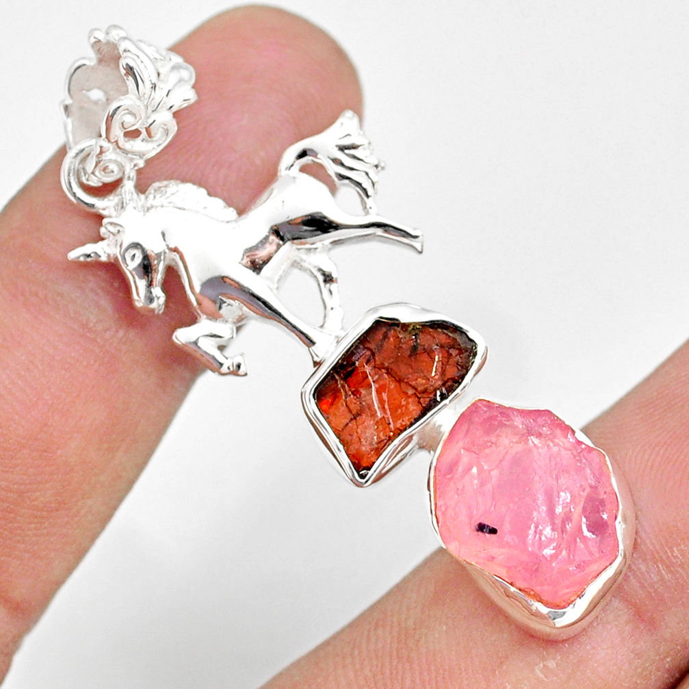 12.34cts natural rose quartz raw garnet rough silver horse pendant r80847