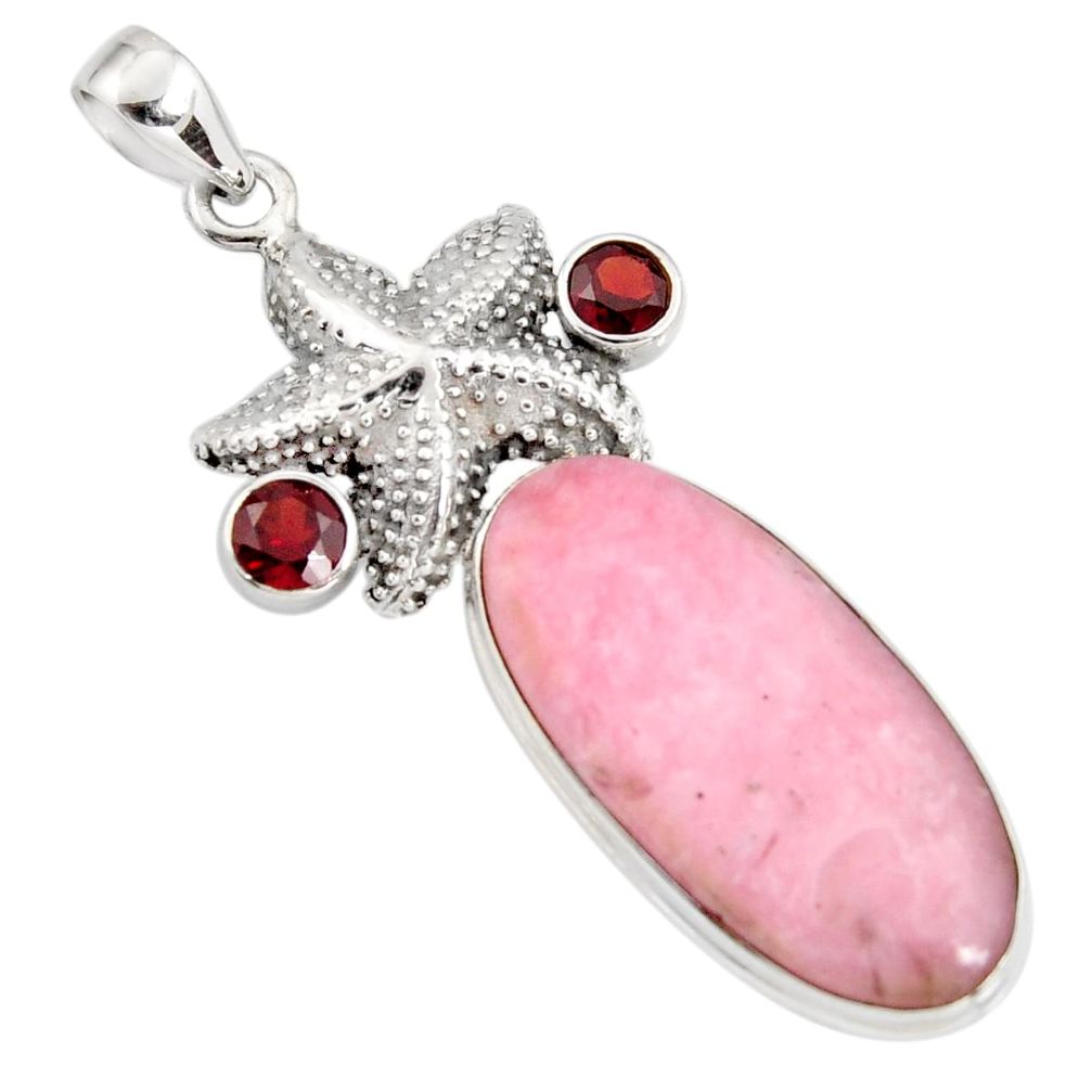 21.34cts natural pink opal garnet 925 sterling silver star fish pendant r8126