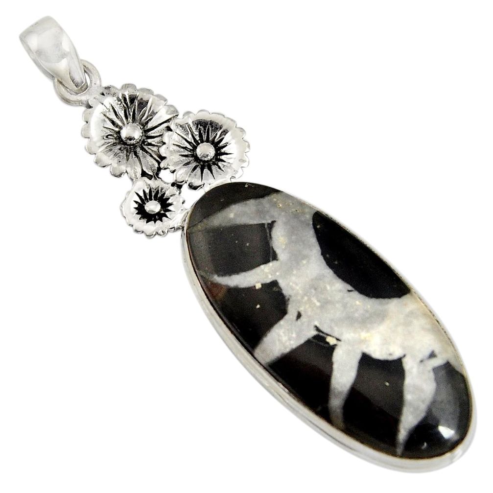 28.30cts natural black septarian gonads 925 sterling silver flower pendant r8312