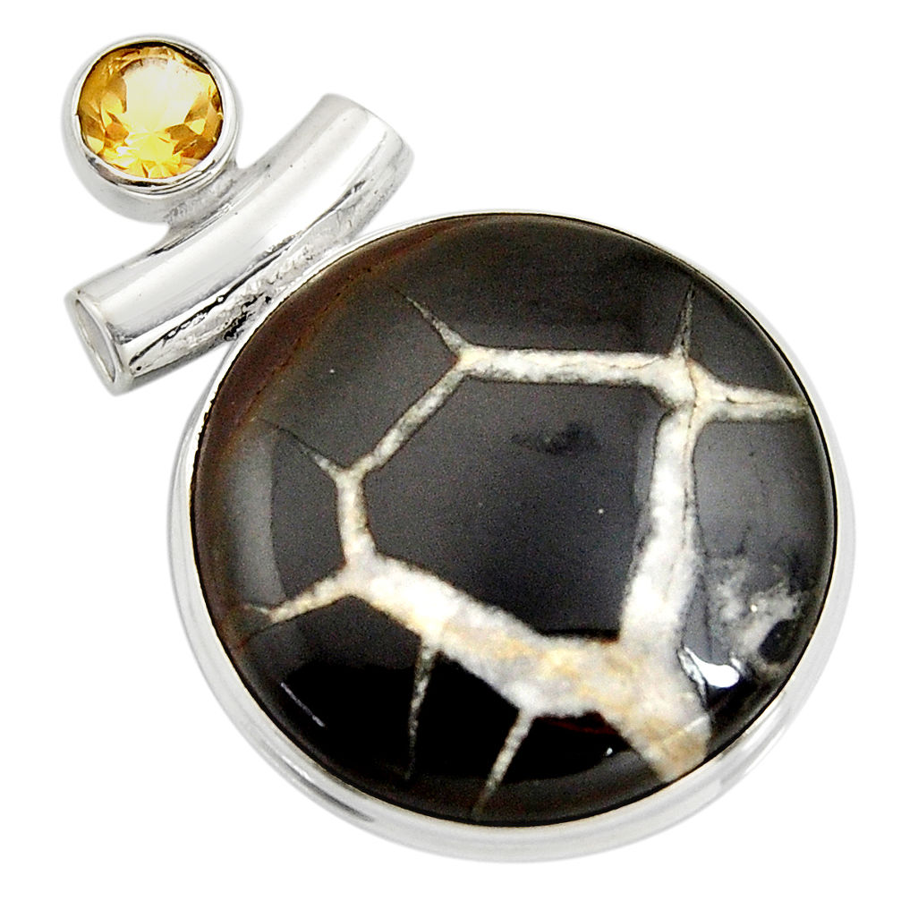 30.88cts natural black septarian gonads yellow citrine 925 silver pendant r8325