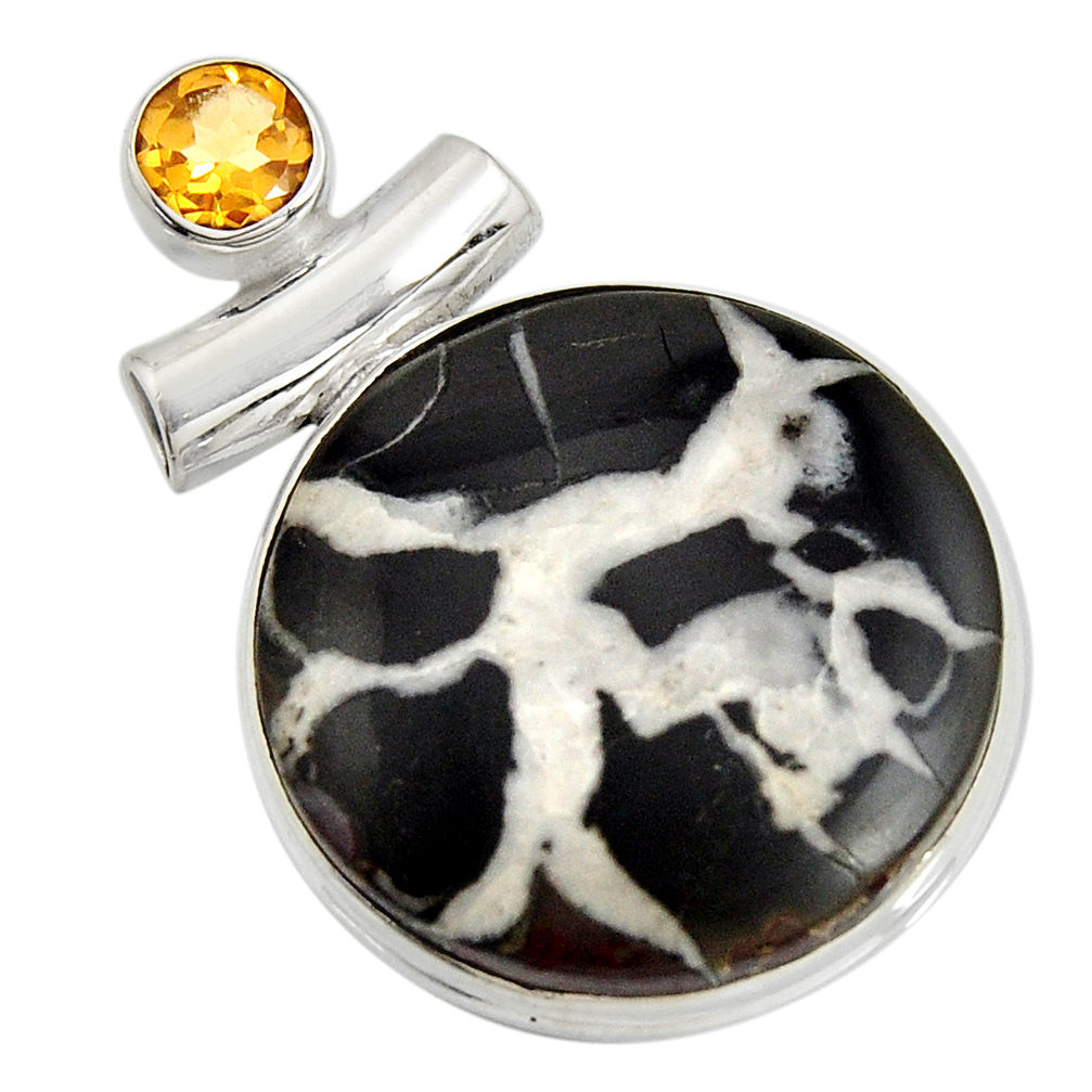 24.89cts natural black septarian gonads yellow citrine 925 silver pendant r8326
