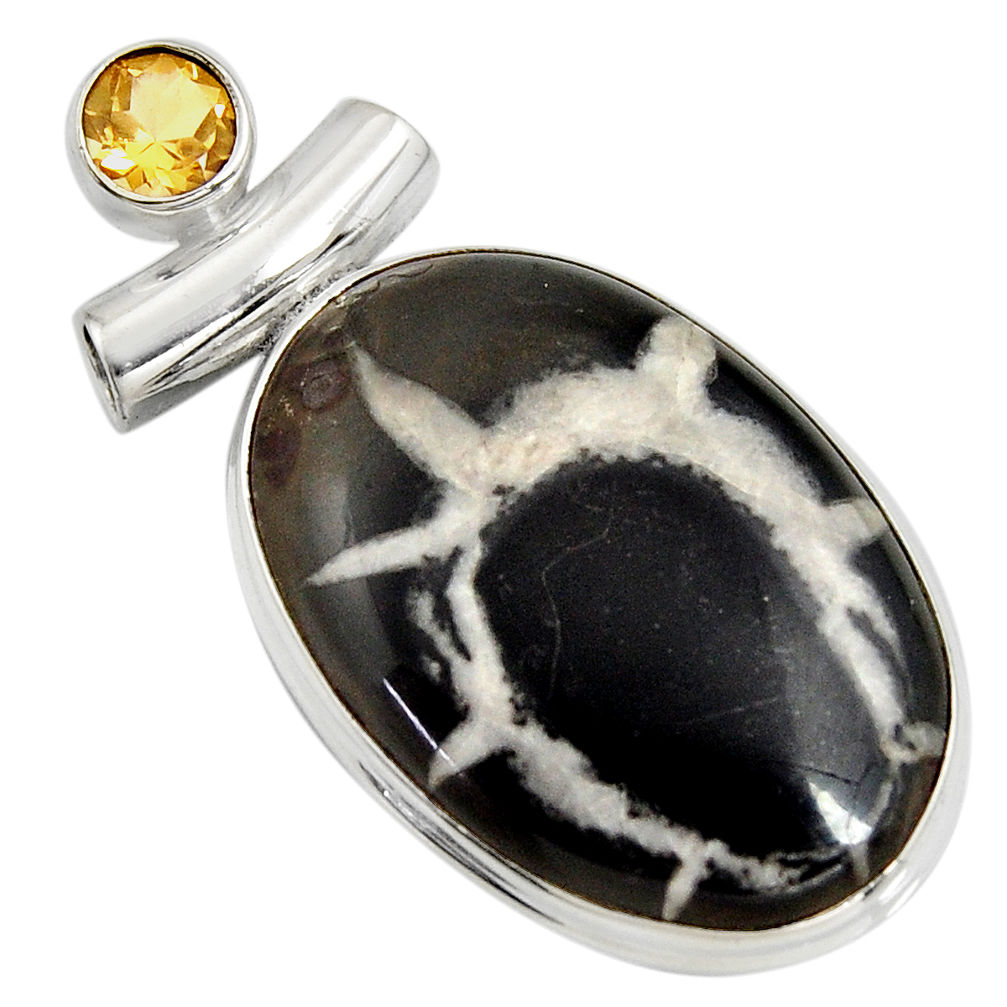 26.52cts natural black septarian gonads yellow citrine 925 silver pendant r8329