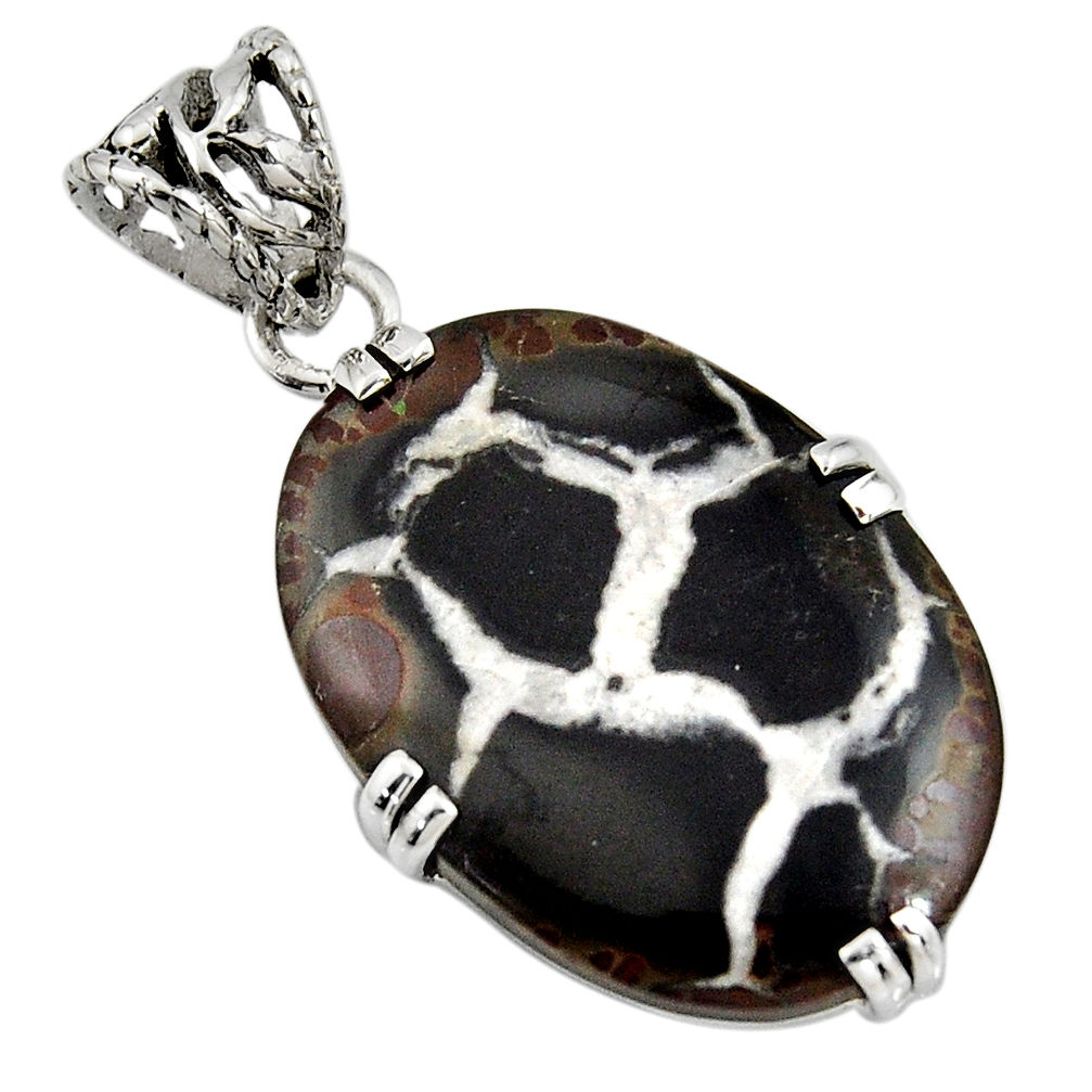 925 sterling silver 20.76cts natural black septarian gonads oval pendant r8331