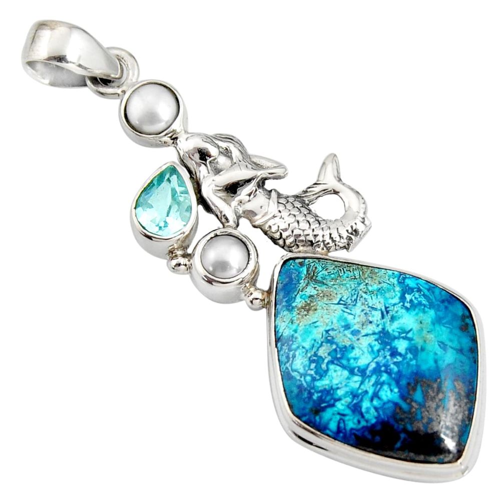 20.77cts natural blue shattuckite topaz 925 silver fairy mermaid pendant r8397