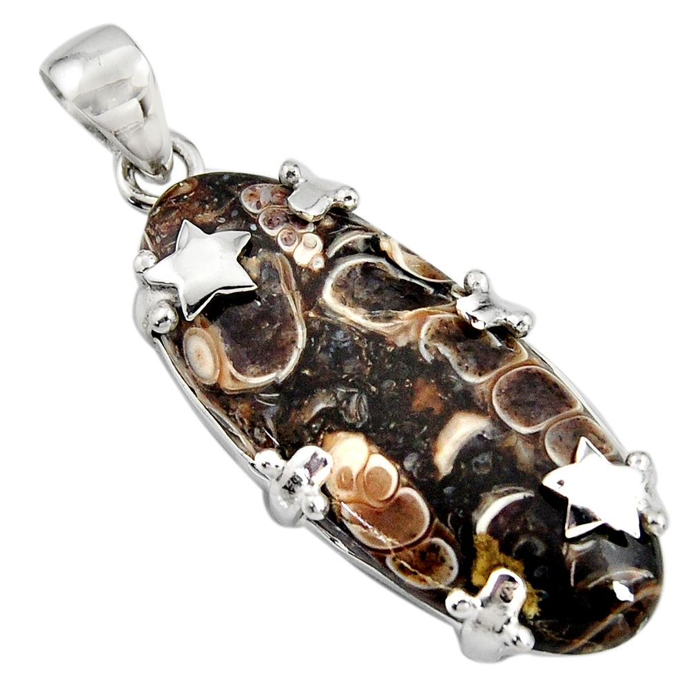 18.88cts natural brown turritella fossil snail agate 925 silver pendant r8522