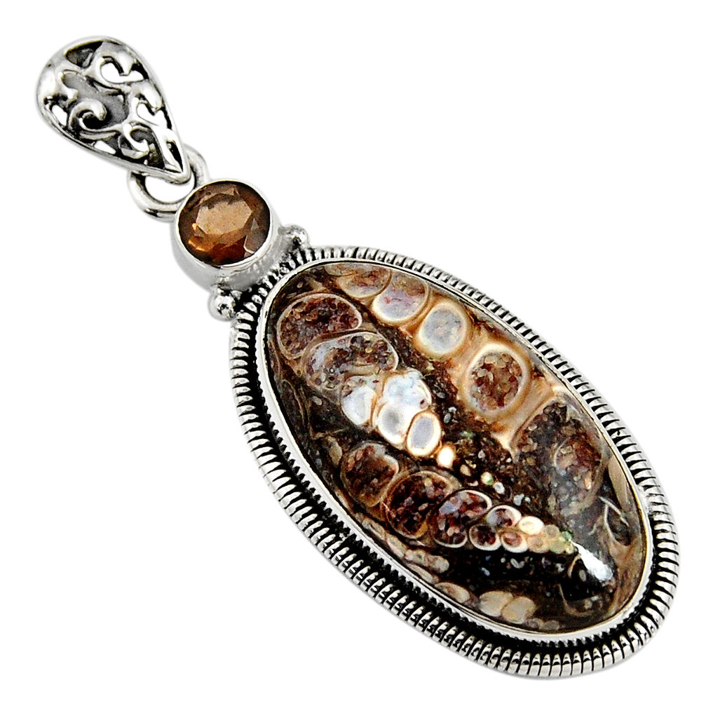 15.55cts natural brown turritella fossil snail agate 925 silver pendant r8523