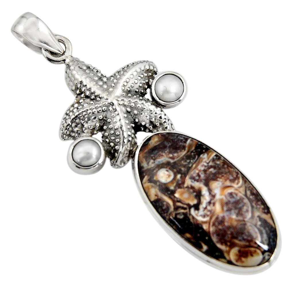 20.86cts natural turritella fossil snail agate silver star fish pendant r8524