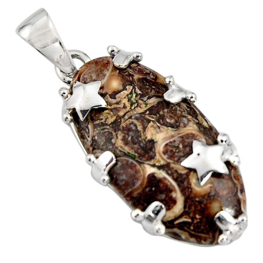 925 silver 17.39cts natural brown turritella fossil snail agate pendant r8525