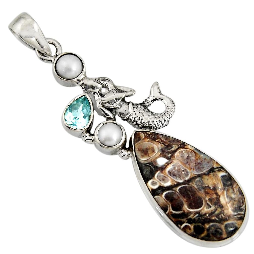 Natural turritella fossil snail agate 925 silver fairy mermaid pendant r8526