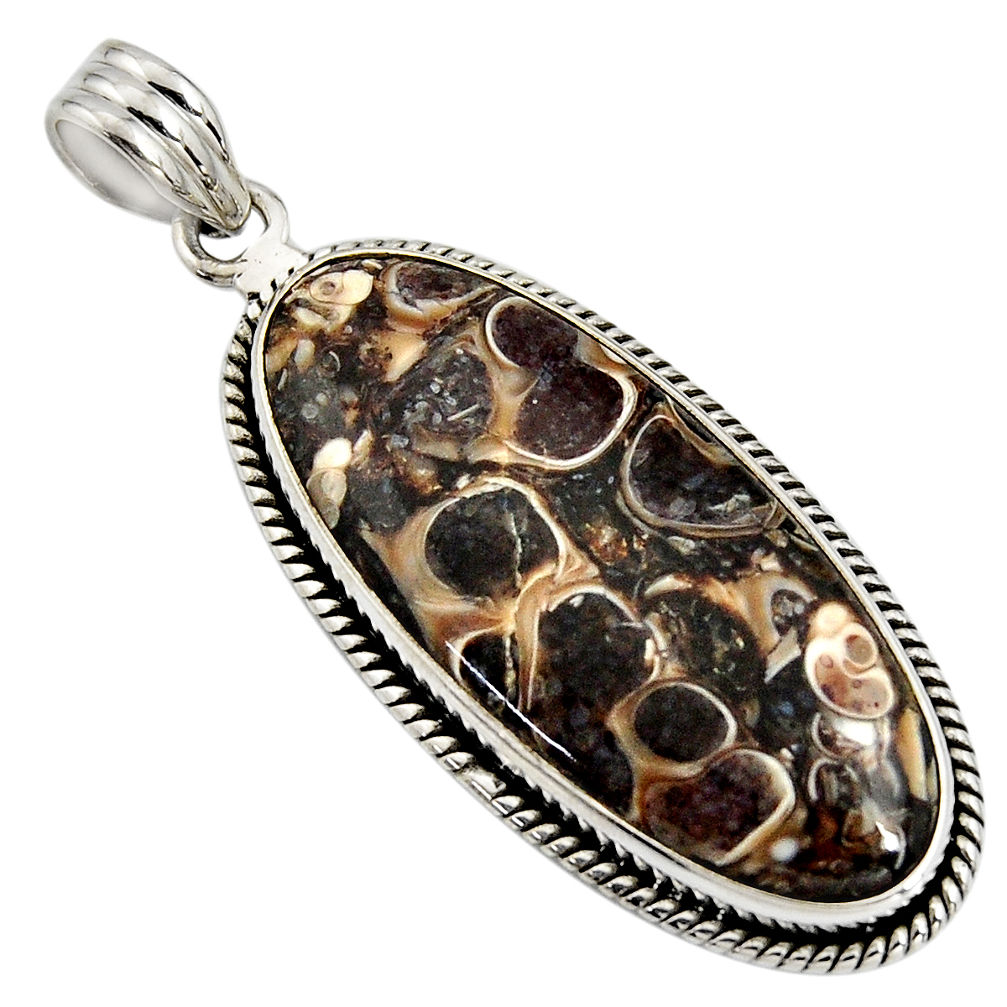 18.15cts natural brown turritella fossil snail agate 925 silver pendant r8527