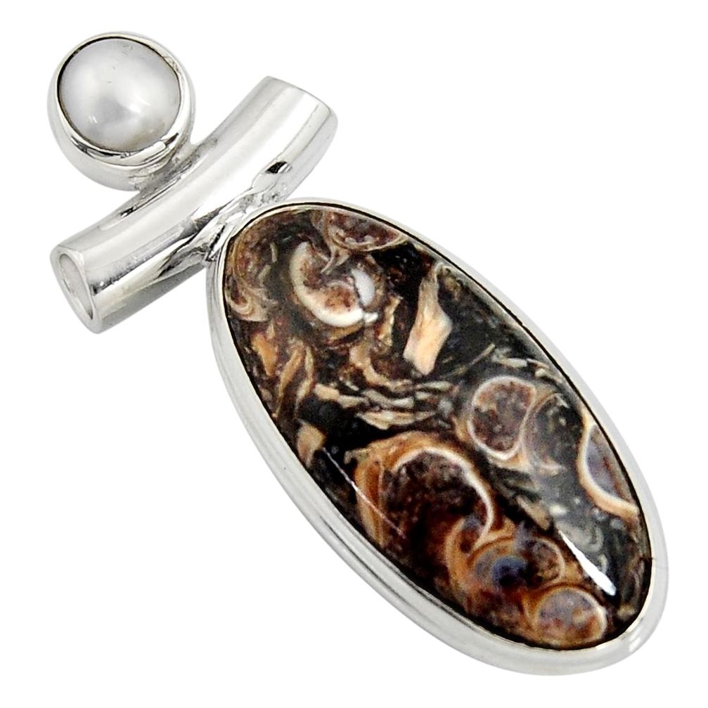 925 silver 15.02cts natural brown turritella fossil snail agate pendant r8529