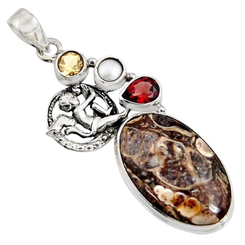 18.94cts natural brown turritella fossil snail agate silver angel pendant r8531