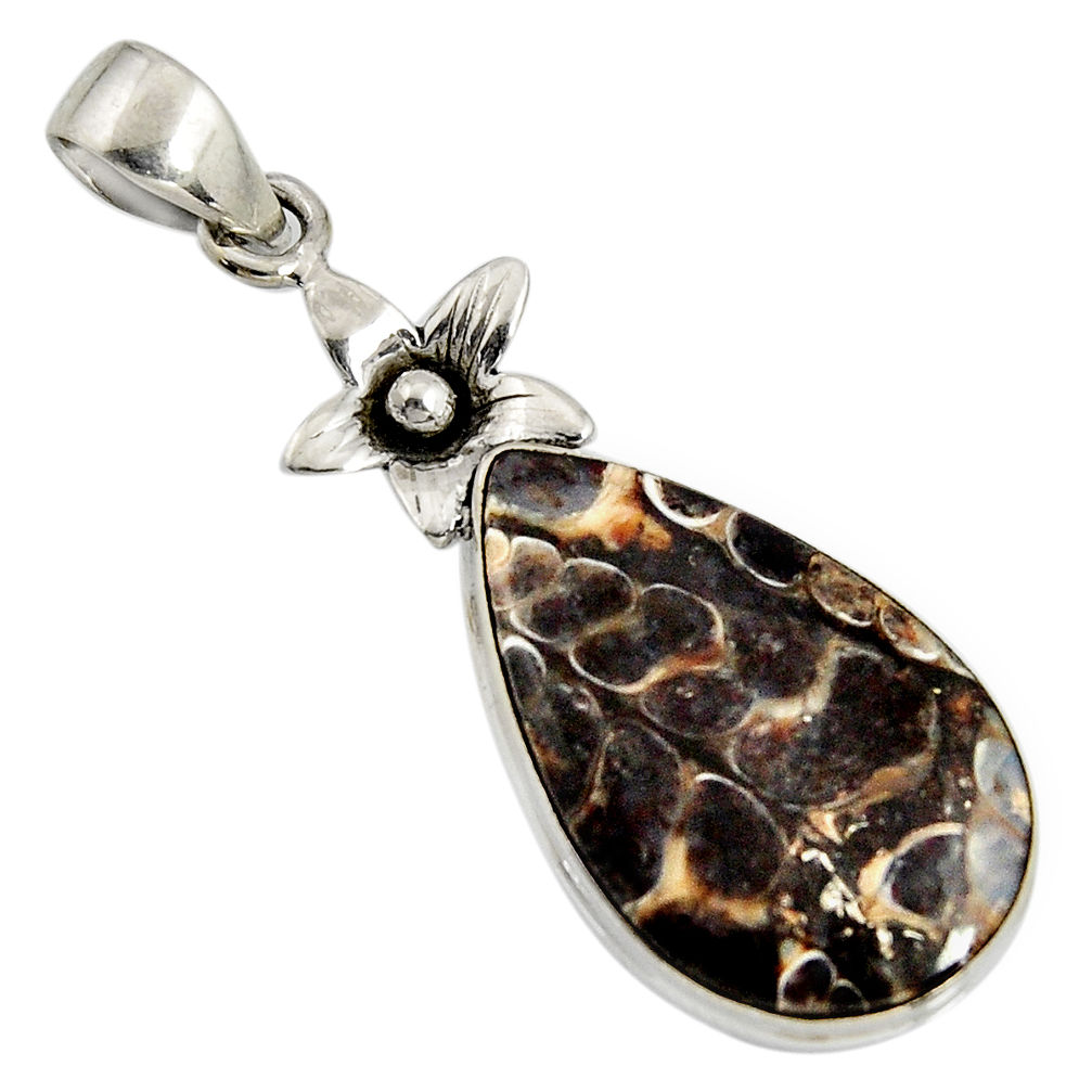 14.23cts natural brown turritella fossil snail agate silver flower pendant r8532