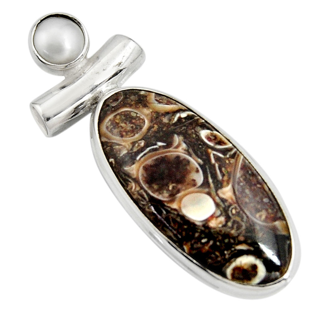 15.02cts natural brown turritella fossil snail agate 925 silver pendant r8535