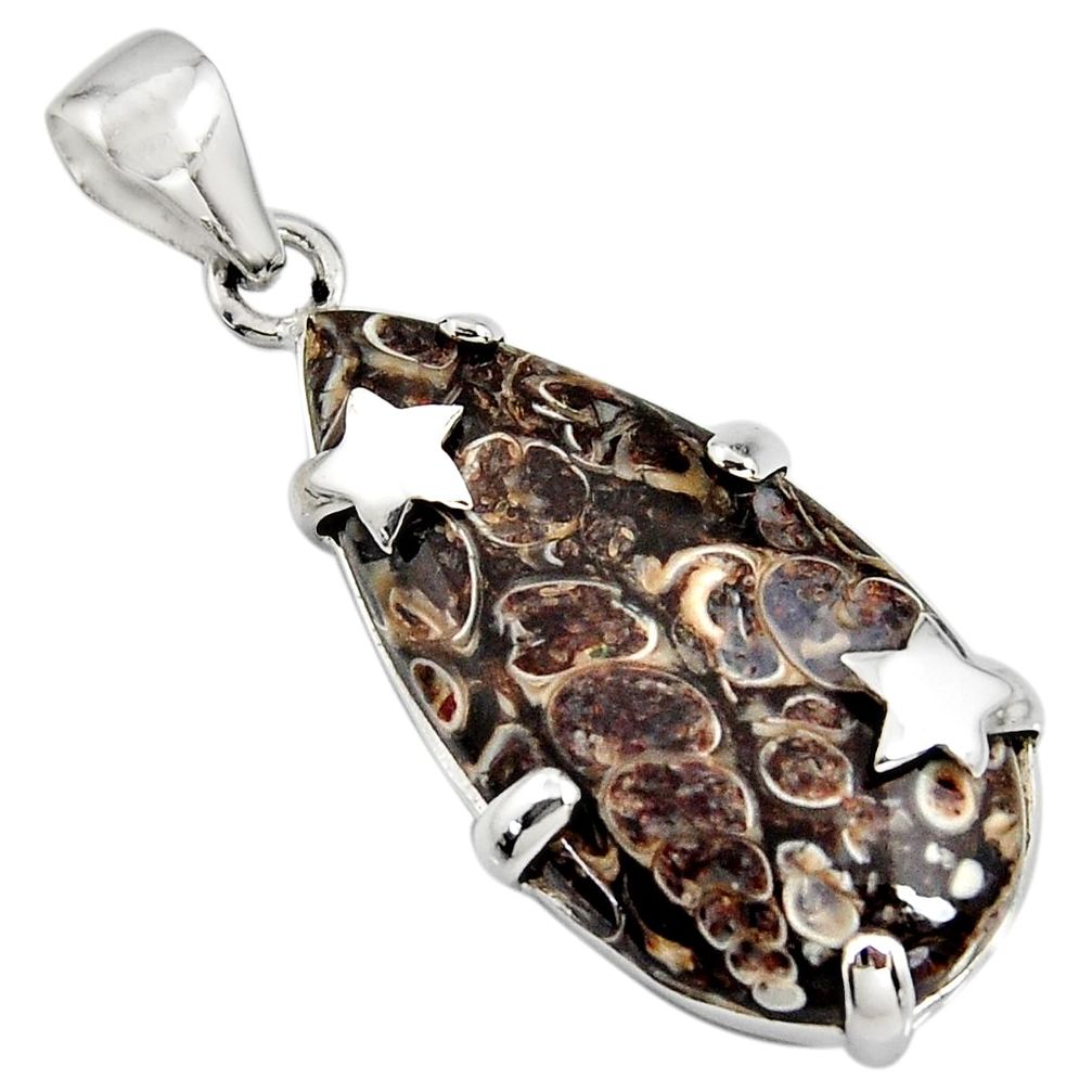 16.85cts natural brown turritella fossil snail agate 925 silver pendant r8536