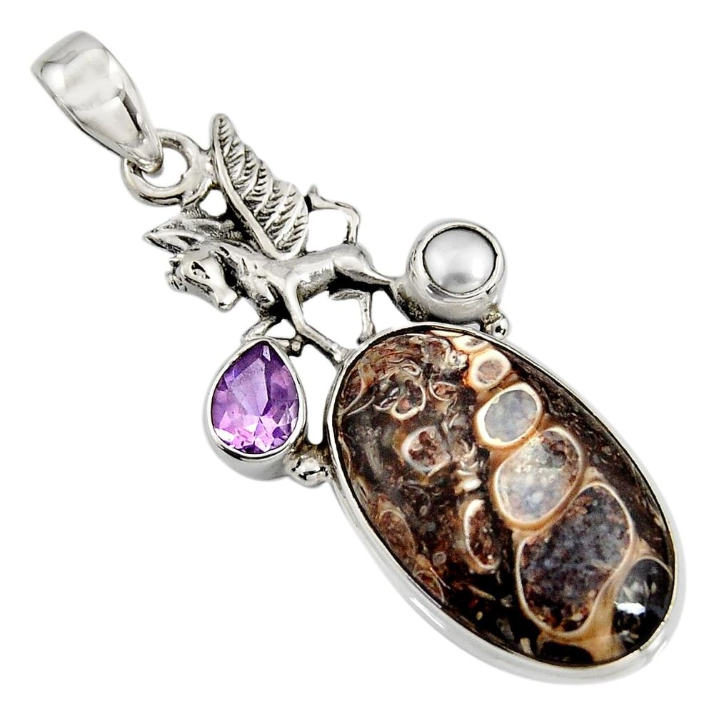 925 silver 17.42cts natural turritella fossil snail agate unicorn pendant r8537