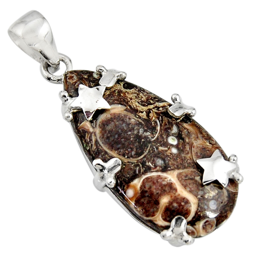 18.28cts natural brown turritella fossil snail agate 925 silver pendant r8538