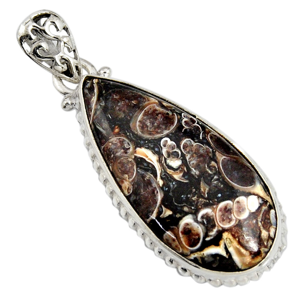 14.47cts natural brown turritella fossil snail agate 925 silver pendant r8539