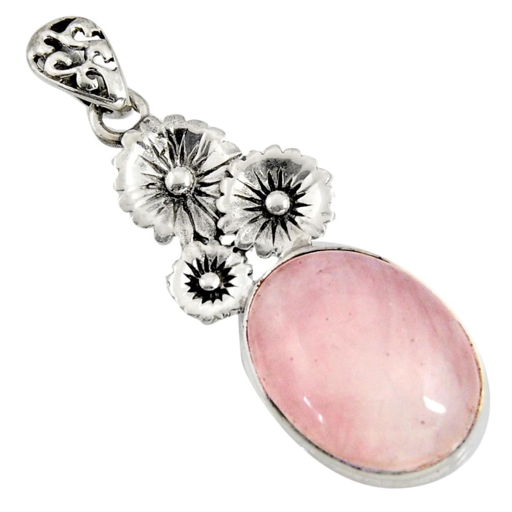 925 sterling silver 16.87cts natural pink rose quartz oval flower pendant r8580