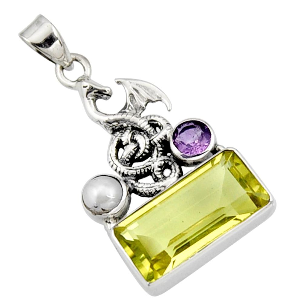 8.12cts natural lemon topaz amethyst pearl 925 silver dragon pendant r9094