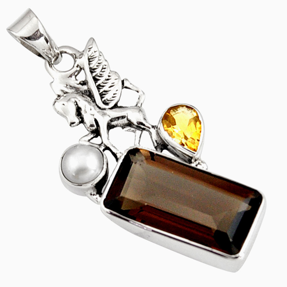 8.54cts brown smoky topaz citrine pearl 925 silver unicorn pendant r9103