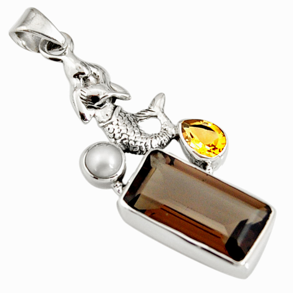 925 silver 8.27cts brown smoky topaz citrine pearl fairy mermaid pendant r9107