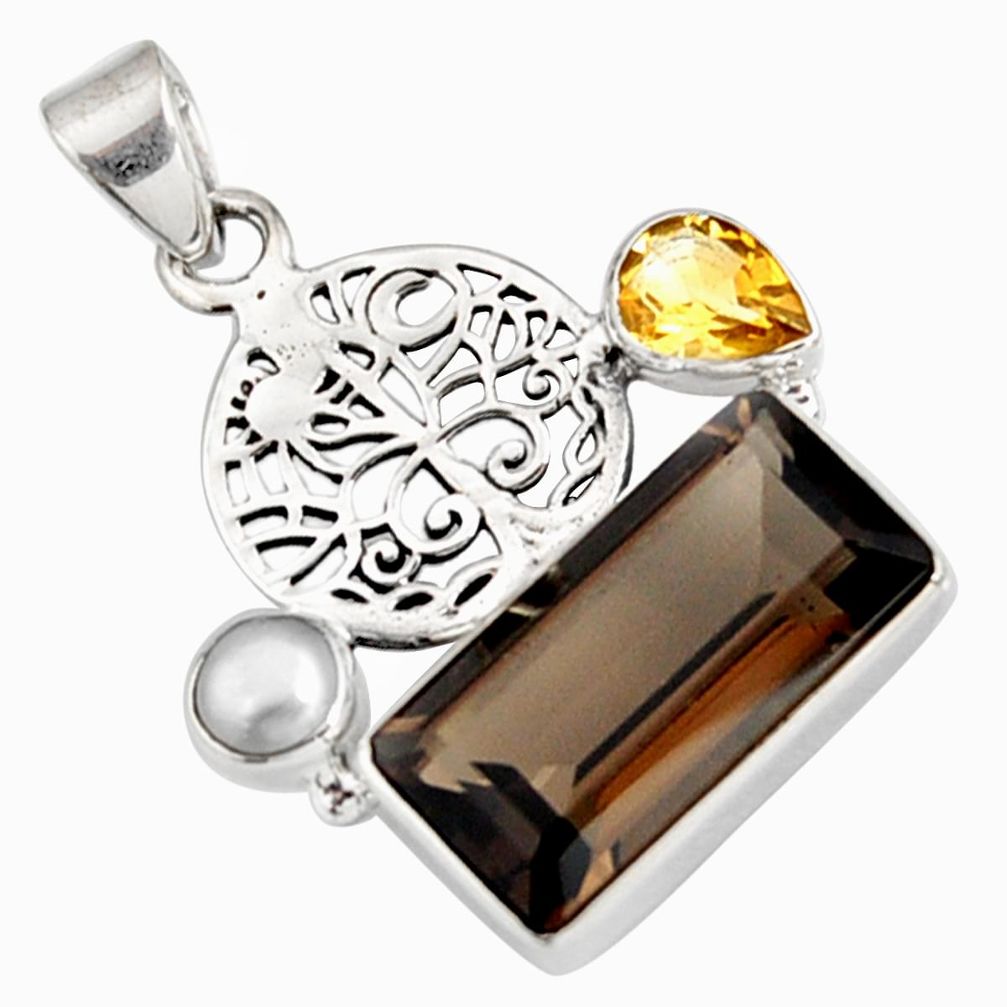7.66cts brown smoky topaz citrine pearl 925 silver tree of life pendant r9109