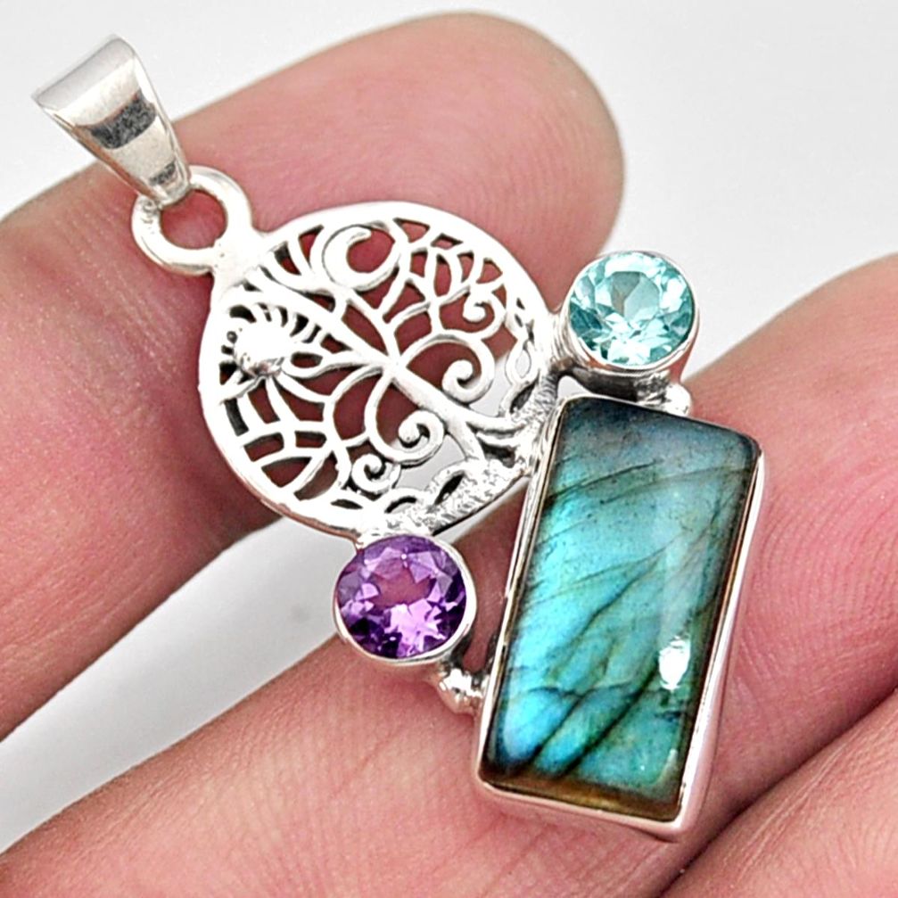 7.04cts natural blue labradorite amethyst 925 silver tree of life pendant r9117