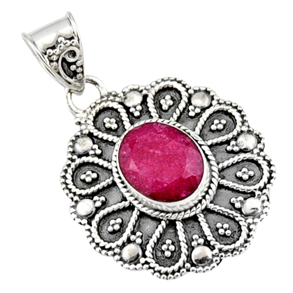 925 sterling silver 4.38cts natural red ruby oval pendant jewelry r9318