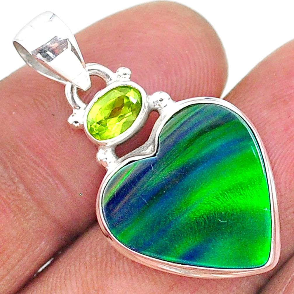 9.19cts northern lights aurora opal (lab) peridot 925 silver pendant t17002