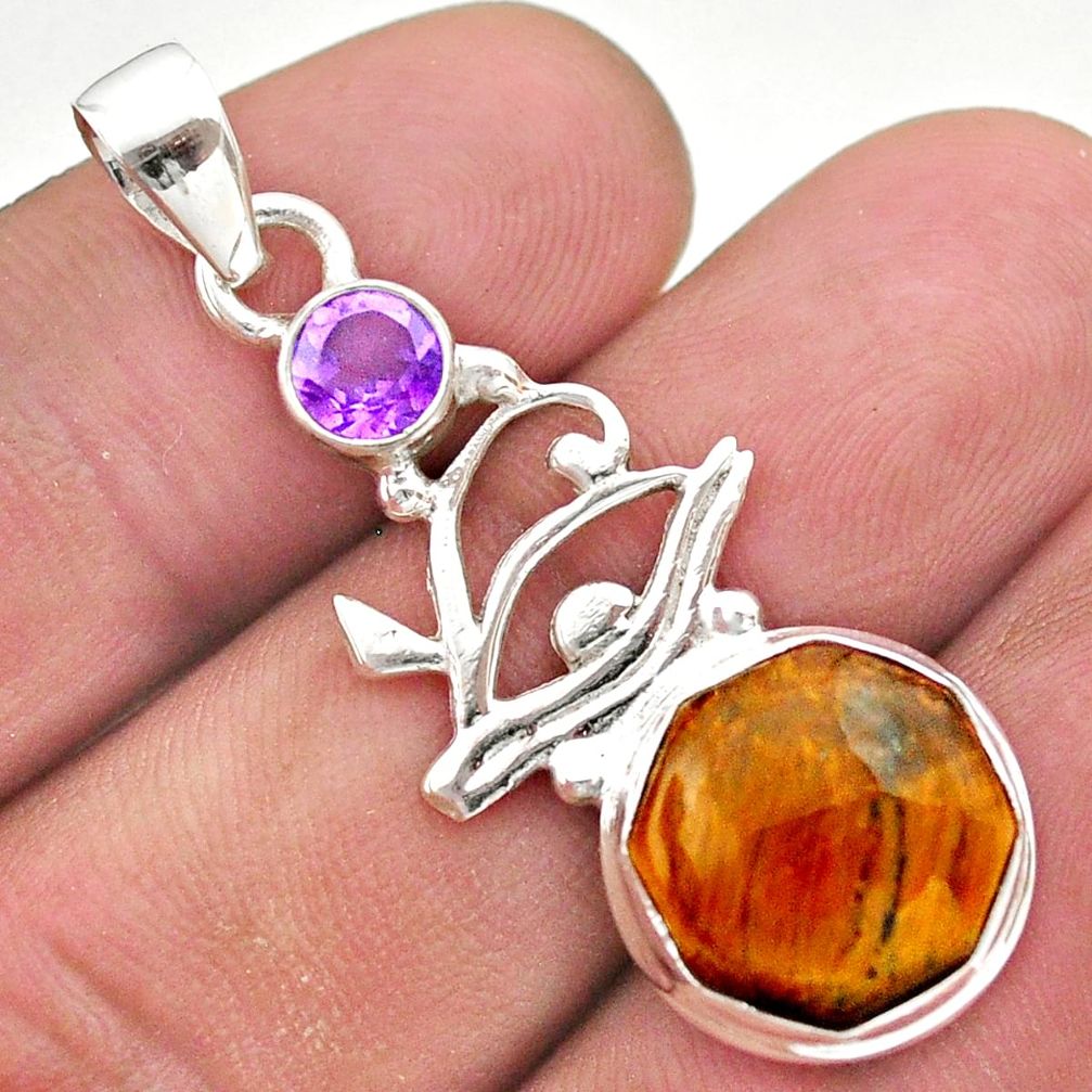 925 silver 6.53cts natural brown tiger's eye amethyst horse eye pendant t46409
