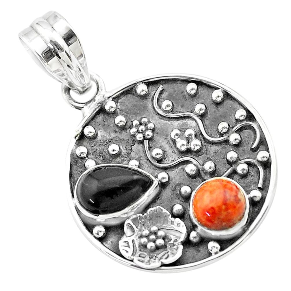 925 silver 3.52cts halloween natural onyx red sponge coral flower pendant t57511