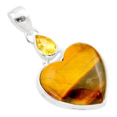 925 silver 17.42cts natural brown tiger's eye heart shape citrine pendant t60337