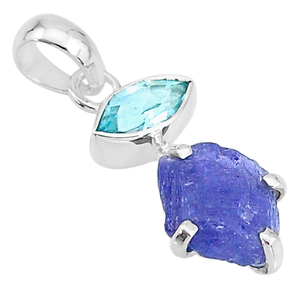 7.45cts natural blue tanzanite raw topaz 925 sterling silver pendant t6994
