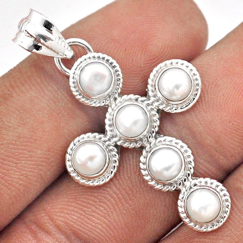 5.27cts natural white pearl round 925 sterling silver holy cross pendant t85835