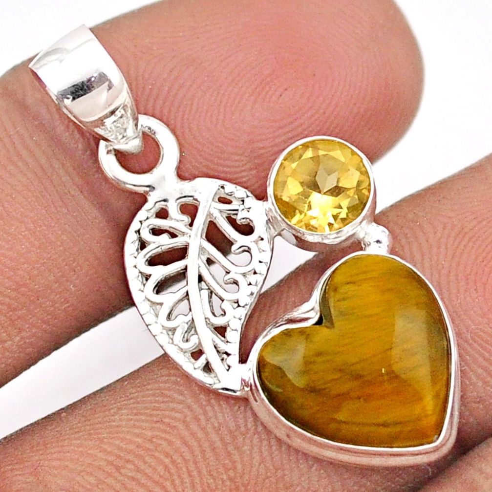 6.50cts natural brown tiger's eye citrine 925 silver deltoid leaf pendant u1485