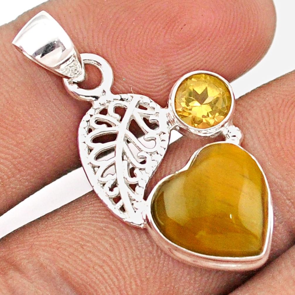 925 silver 6.14cts natural brown tiger's eye citrine deltoid leaf pendant u1486