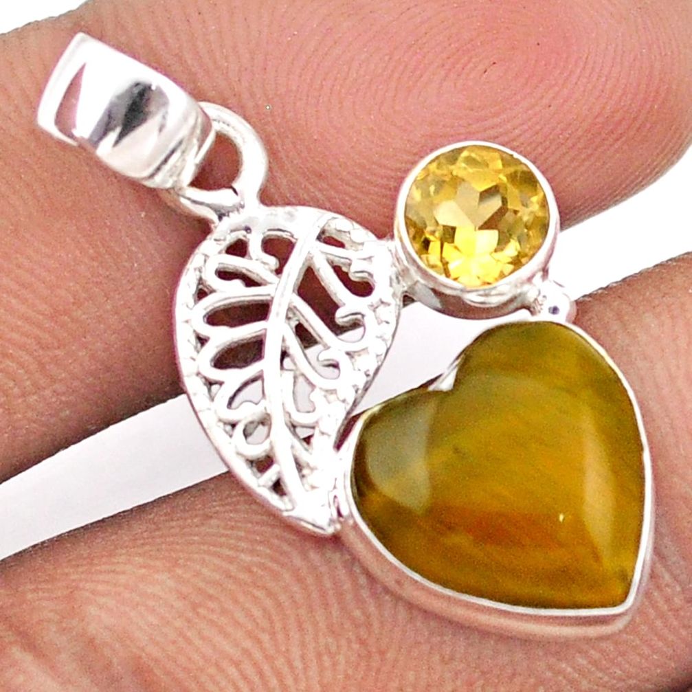 925 silver 6.11cts natural brown tiger's eye citrine deltoid leaf pendant u1487