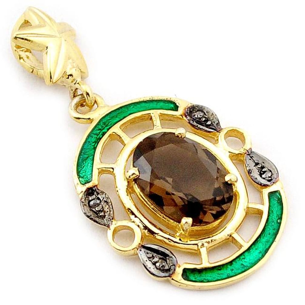 6.91cts diamond brown smoky topaz green enamel 925 silver 14k gold pendant v1084